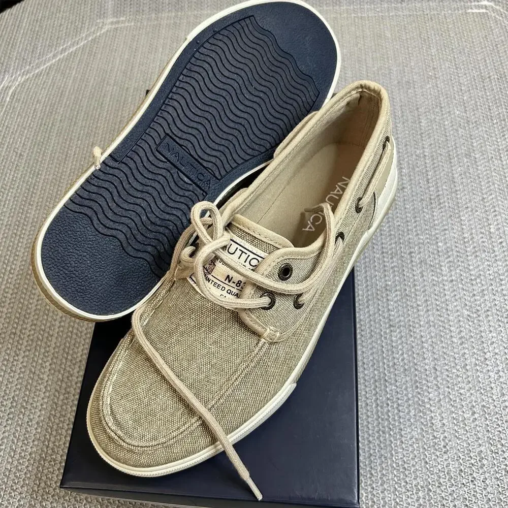 Nautica Mens Jempol Canvas Loafers Washed Natural‎ Beige 8.5 NIB